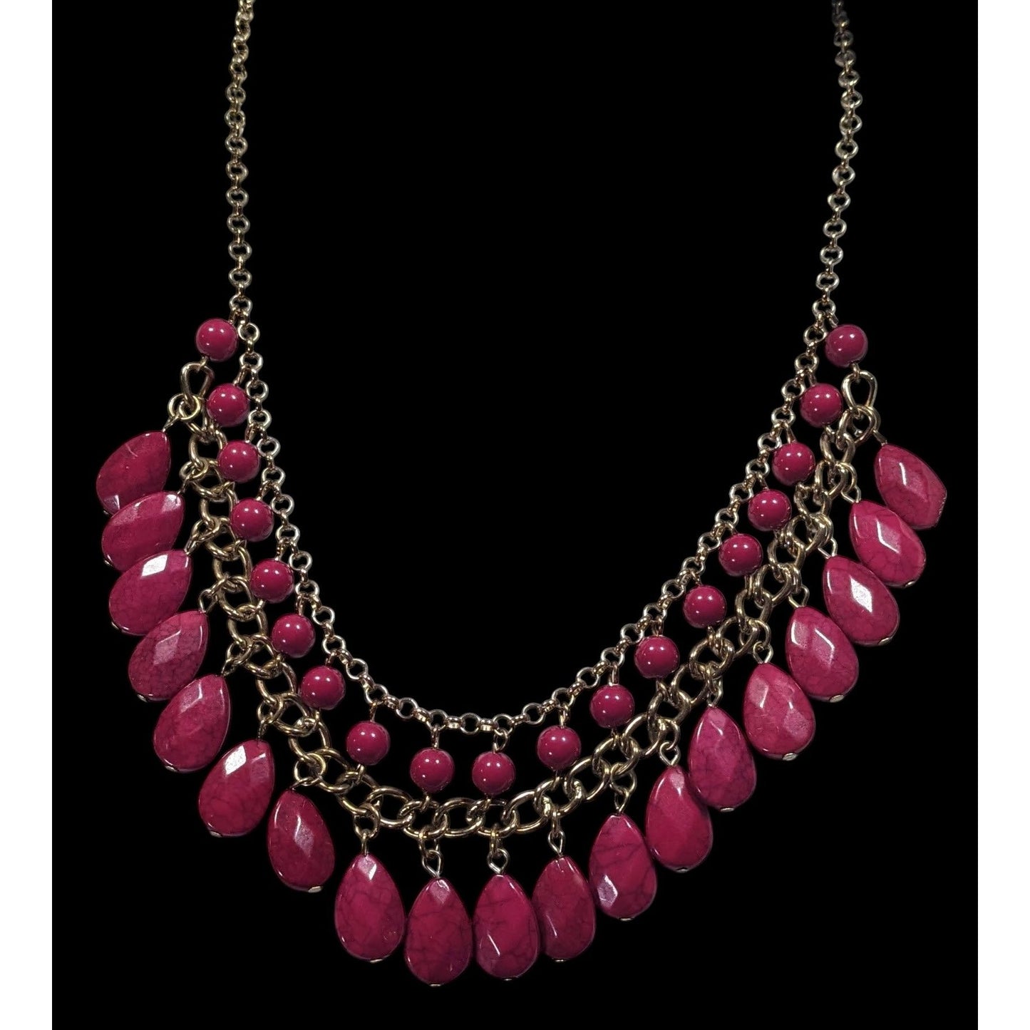 Bohemian Magenta Fringe Beaded Gold Tone Chain Statement Necklace