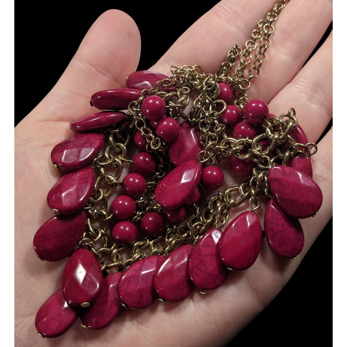 Bohemian Magenta Fringe Beaded Gold Tone Chain Statement Necklace