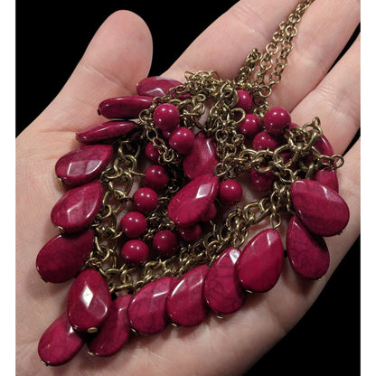 Bohemian Magenta Fringe Beaded Gold Tone Chain Statement Necklace