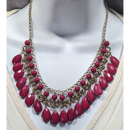 Bohemian Magenta Fringe Beaded Gold Tone Chain Statement Necklace