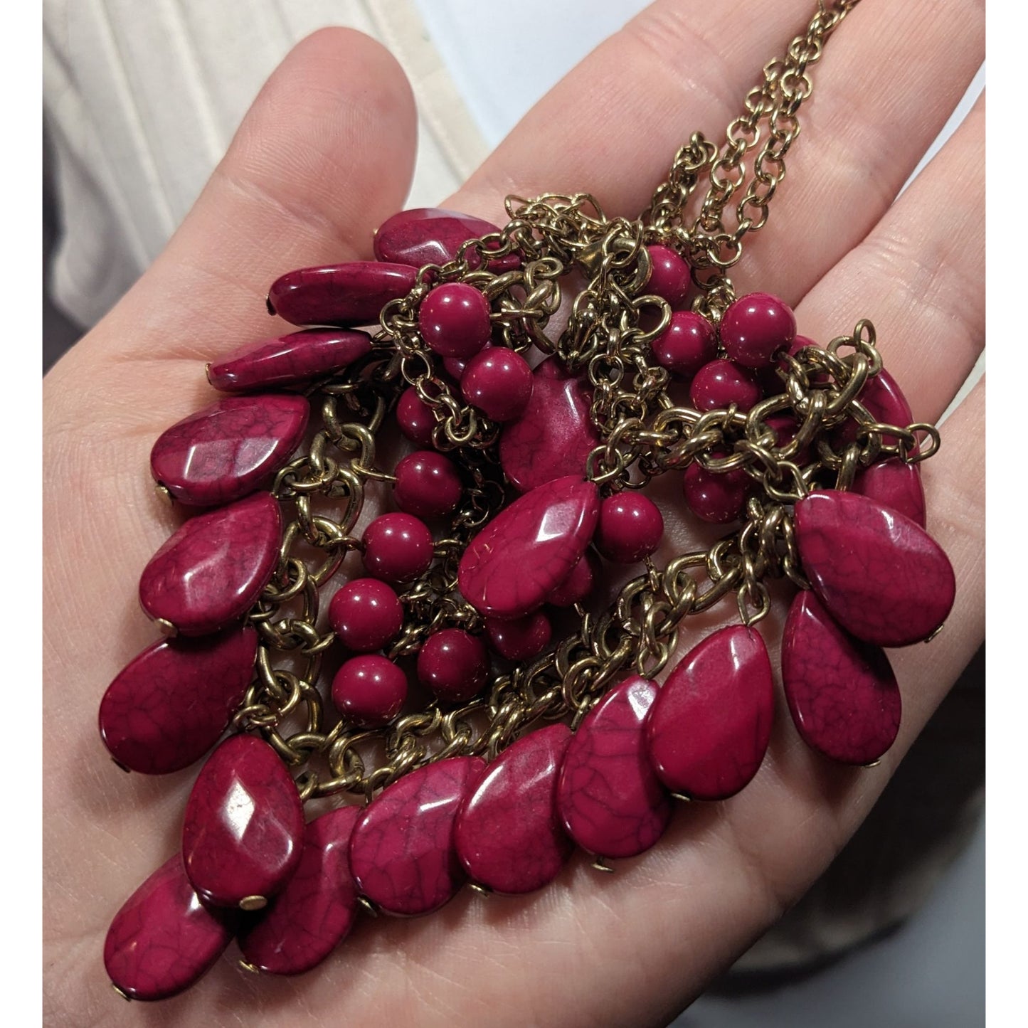 Bohemian Magenta Fringe Beaded Gold Tone Chain Statement Necklace