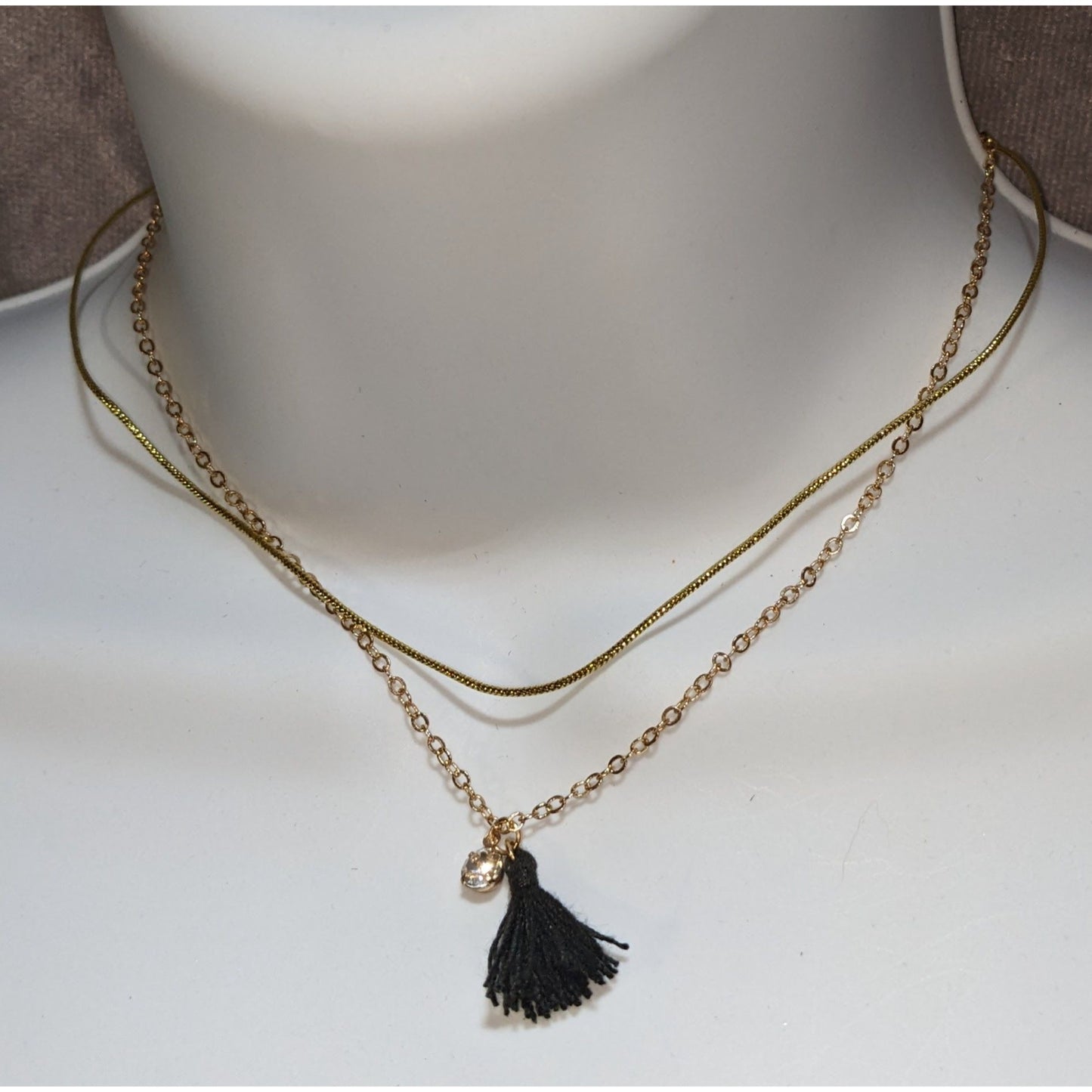 Claires Layered Gold Tone Chain Necklace Crystal & Tassel Pendant
