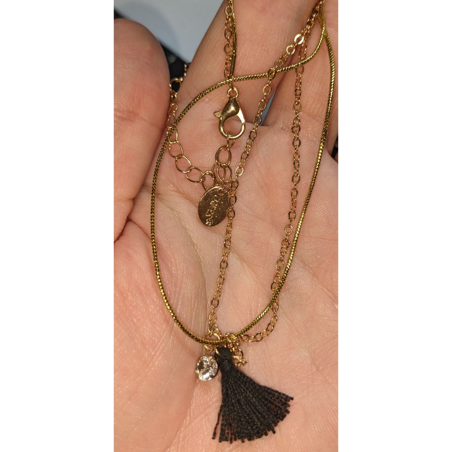 Claires Layered Gold Tone Chain Necklace Crystal & Tassel Pendant