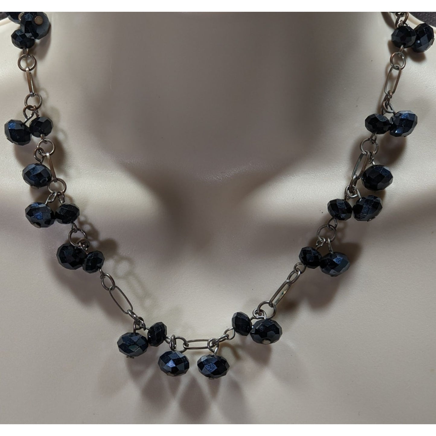 Handmade Glam Goth Black Beaded Necklace With Faceted Glass Beads