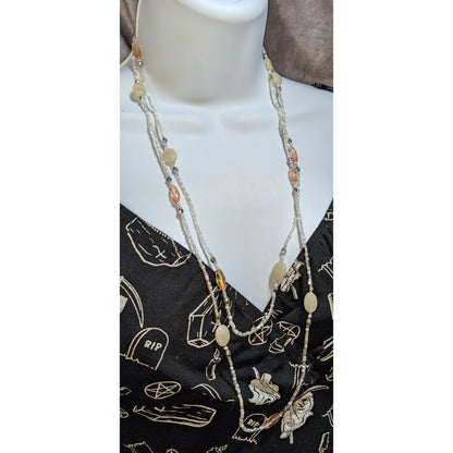 Multi-Strand Glass Beaded Necklace 58 Inches Cream & Gold-Tone Accents