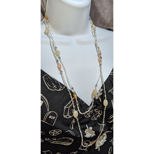 Multi-Strand Glass Beaded Necklace 58 Inches Cream & Gold-Tone Accents