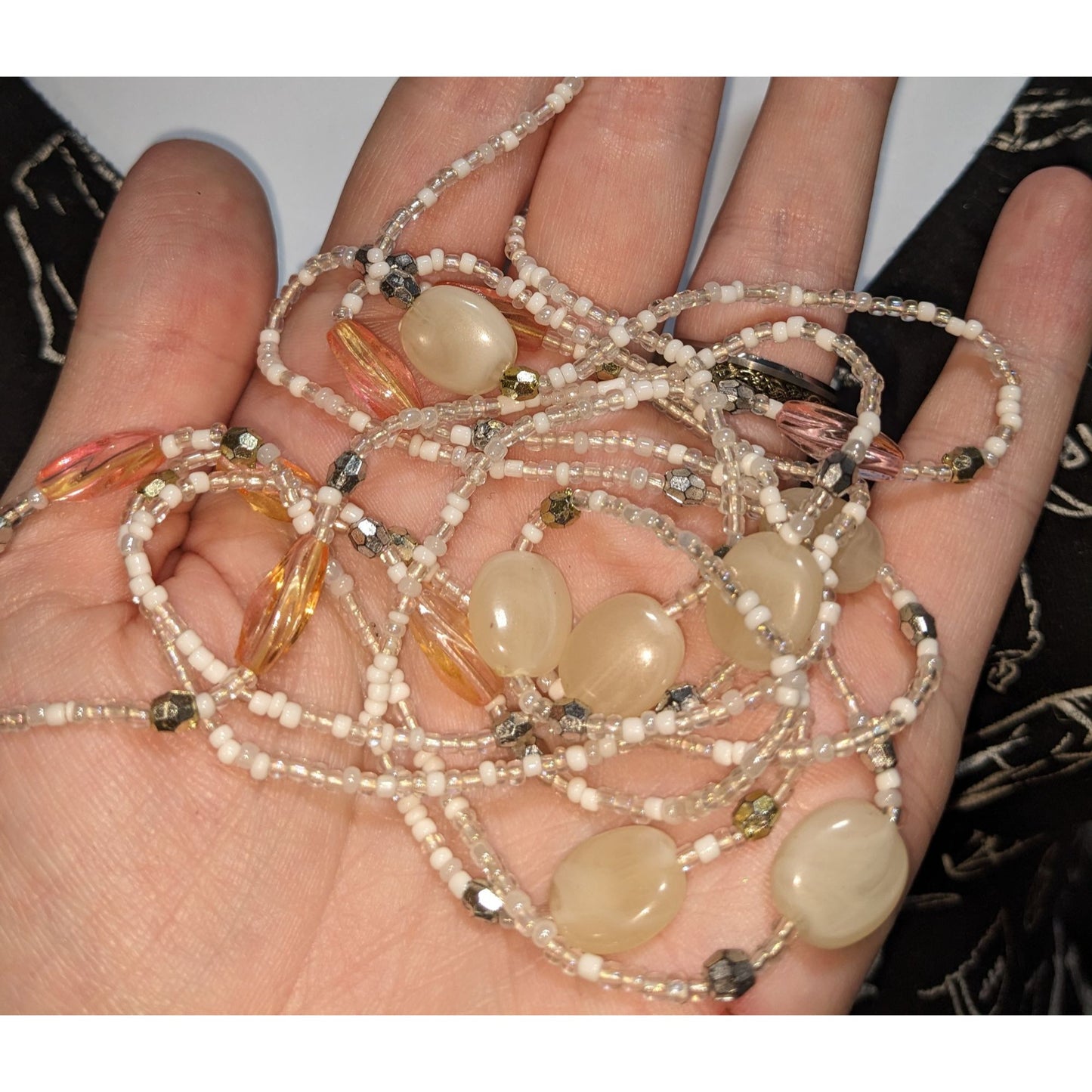 Multi-Strand Glass Beaded Necklace 58 Inches Cream & Gold-Tone Accents