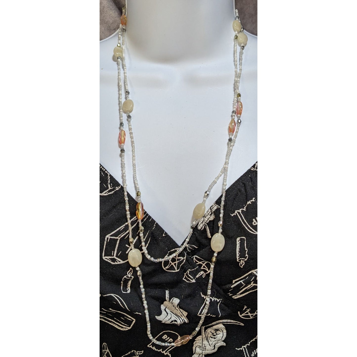 Multi-Strand Glass Beaded Necklace 58 Inches Cream & Gold-Tone Accents
