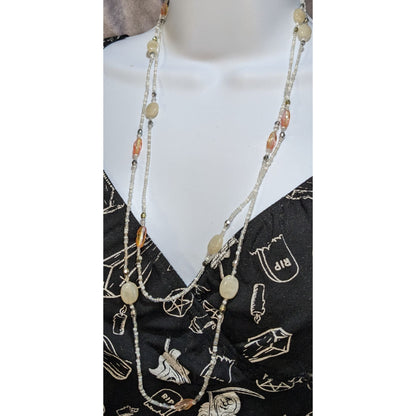 Multi-Strand Glass Beaded Necklace 58 Inches Cream & Gold-Tone Accents