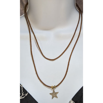 Leather Star Pendant Necklace Brown Suede Cord Gold Tone Minimalist Western Boho