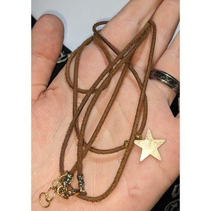 Leather Star Pendant Necklace Brown Suede Cord Gold Tone Minimalist Western Boho
