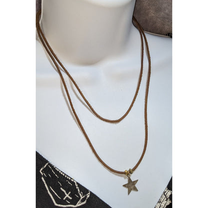 Leather Star Pendant Necklace Brown Suede Cord Gold Tone Minimalist Western Boho