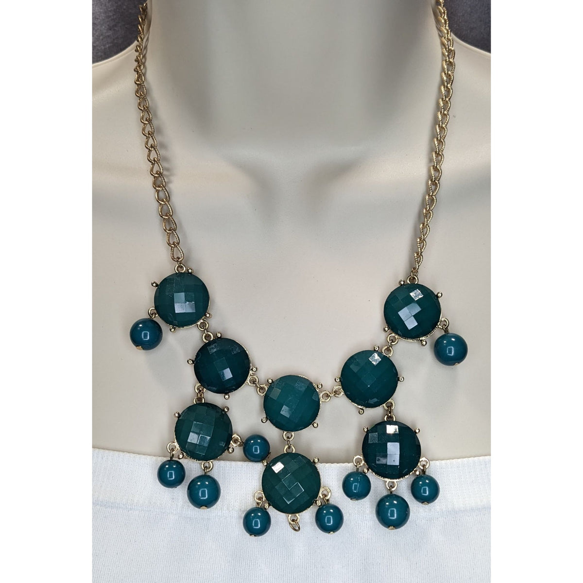 Y2K Glam Statement Teal Green Faceted Bubble Bib Necklace Vintage