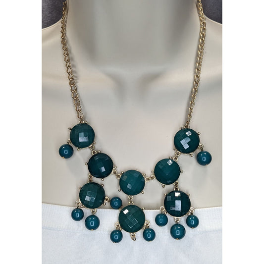 Y2K Glam Statement Teal Green Faceted Bubble Bib Necklace Vintage