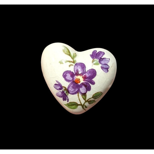 Vintage Cottagecore Ceramic White and Purple Floral Heart Lapel Pin