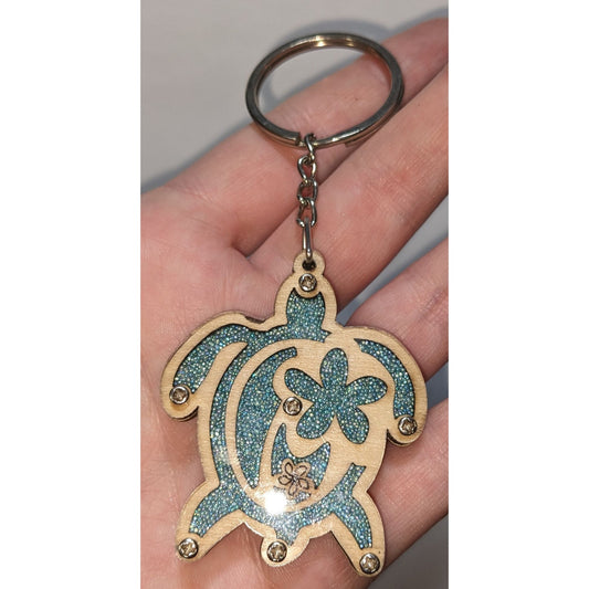 Hawaiian Wooden Turtle Keychain With Glass Beads & Island Map Design