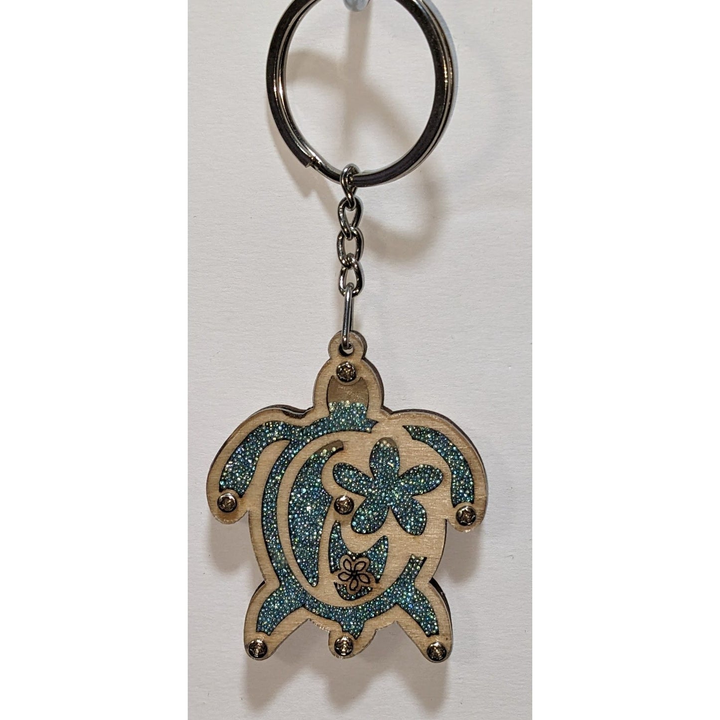Hawaiian Wooden Turtle Keychain With Glass Beads & Island Map Design