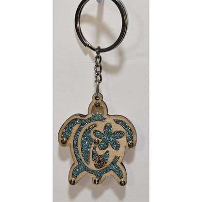 Hawaiian Wooden Turtle Keychain With Glass Beads & Island Map Design