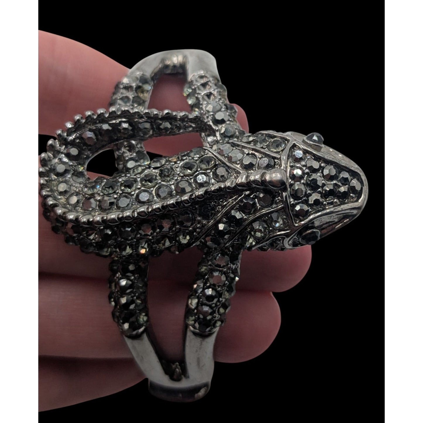 Goth Rhinestone Lizard Hinged Bracelet Silver Tone Crystal Gecko Statement Cuff