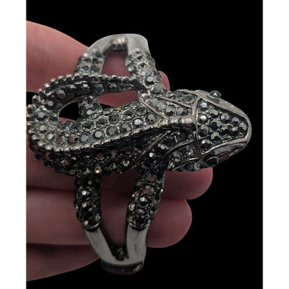 Goth Rhinestone Lizard Hinged Bracelet Silver Tone Crystal Gecko Statement Cuff