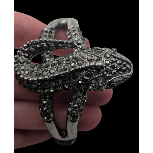 Goth Rhinestone Lizard Hinged Bracelet Silver Tone Crystal Gecko Statement Cuff
