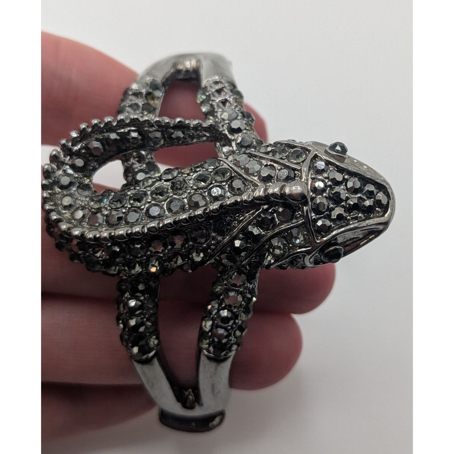 Goth Rhinestone Lizard Hinged Bracelet Silver Tone Crystal Gecko Statement Cuff