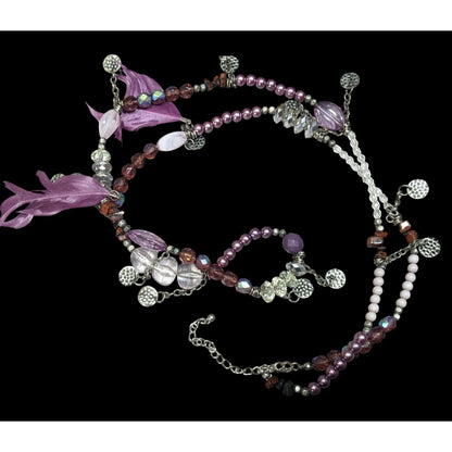 Bohemian Purple And Silver Tone Charm And Feather Beaded Necklace