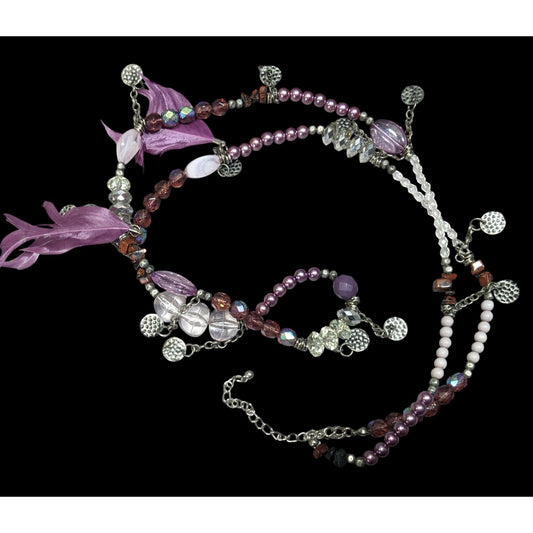 Bohemian Purple And Silver Tone Charm And Feather Beaded Necklace