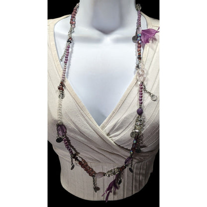 Bohemian Purple And Silver Tone Charm And Feather Beaded Necklace