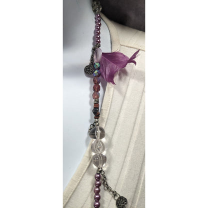 Bohemian Purple And Silver Tone Charm And Feather Beaded Necklace