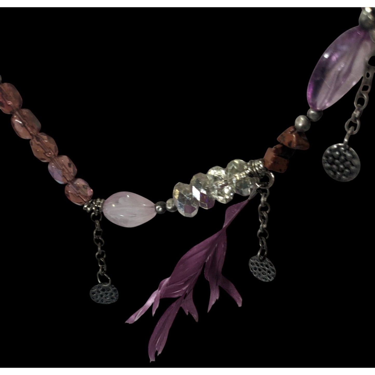 Bohemian Purple And Silver Tone Charm And Feather Beaded Necklace