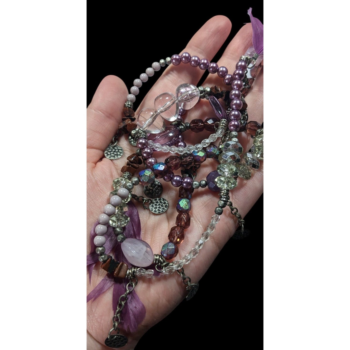 Bohemian Purple And Silver Tone Charm And Feather Beaded Necklace
