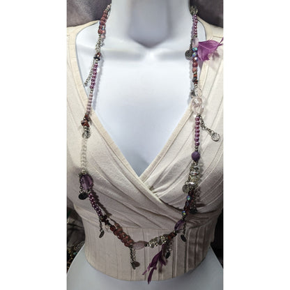 Bohemian Purple And Silver Tone Charm And Feather Beaded Necklace