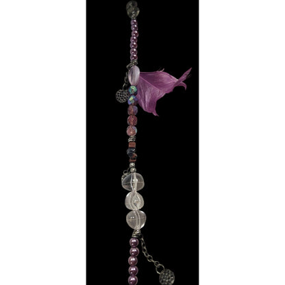 Bohemian Purple And Silver Tone Charm And Feather Beaded Necklace