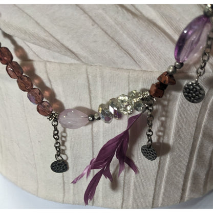 Bohemian Purple And Silver Tone Charm And Feather Beaded Necklace