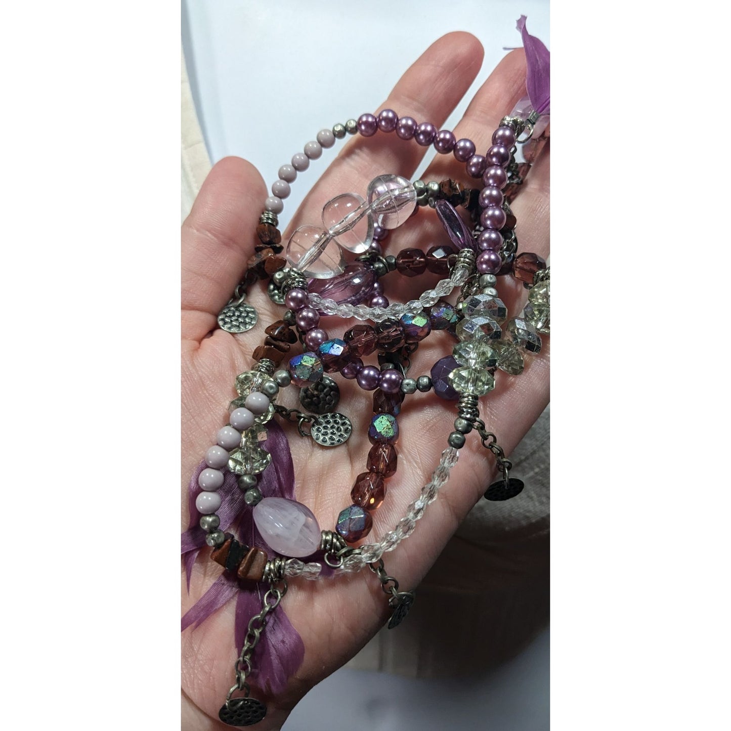 Bohemian Purple And Silver Tone Charm And Feather Beaded Necklace