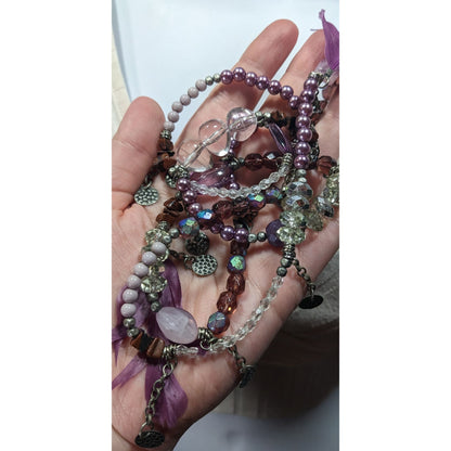 Bohemian Purple And Silver Tone Charm And Feather Beaded Necklace