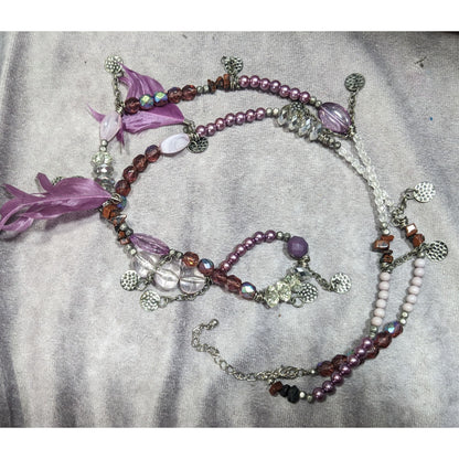 Bohemian Purple And Silver Tone Charm And Feather Beaded Necklace