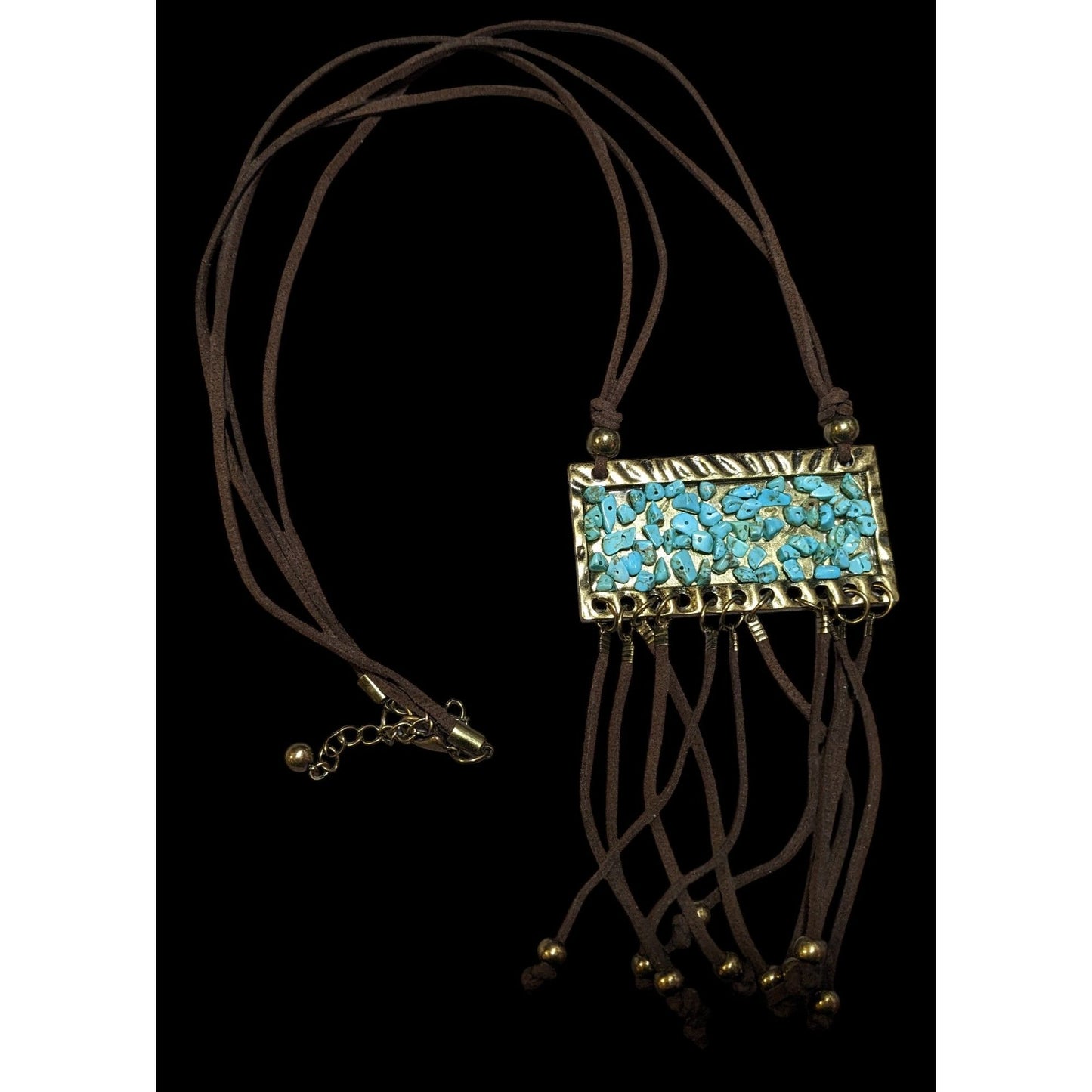 Southwestern Suede Turquoise Chip Fringe Pendant Necklace