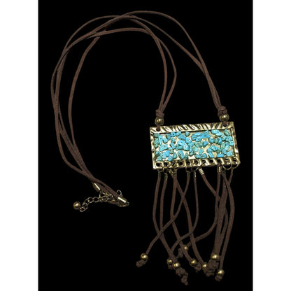 Southwestern Suede Turquoise Chip Fringe Pendant Necklace