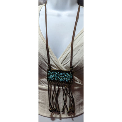 Southwestern Suede Turquoise Chip Fringe Pendant Necklace