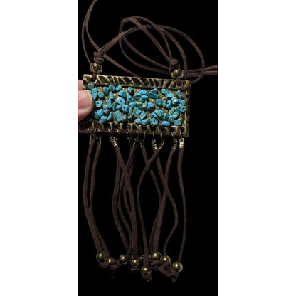 Southwestern Suede Turquoise Chip Fringe Pendant Necklace