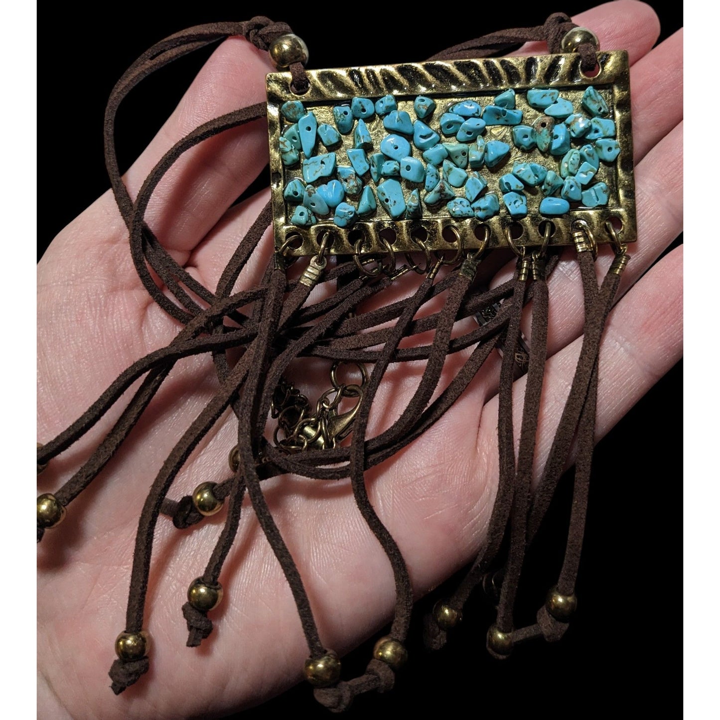 Southwestern Suede Turquoise Chip Fringe Pendant Necklace