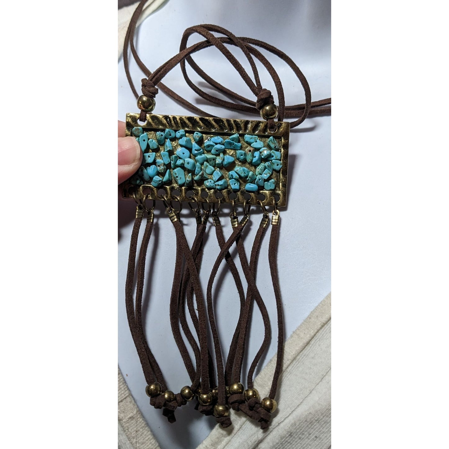 Southwestern Suede Turquoise Chip Fringe Pendant Necklace