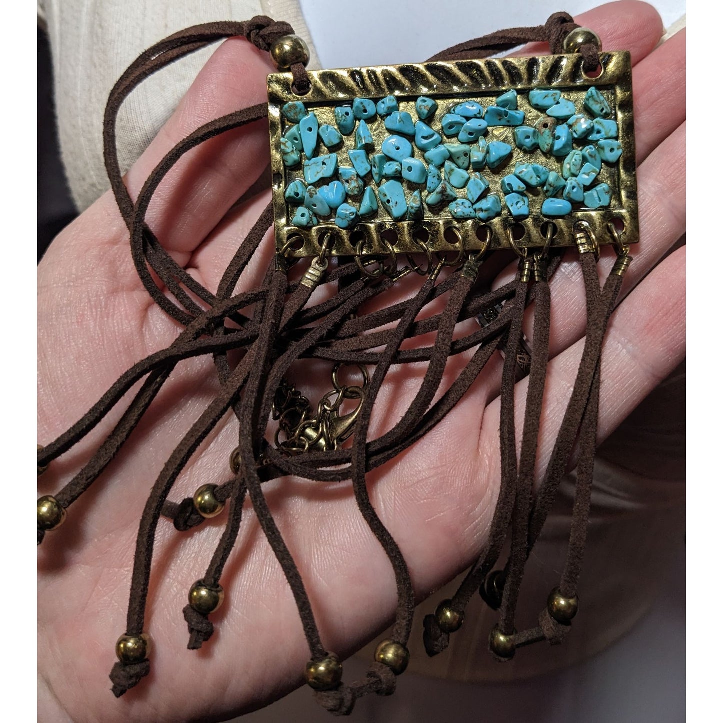 Southwestern Suede Turquoise Chip Fringe Pendant Necklace