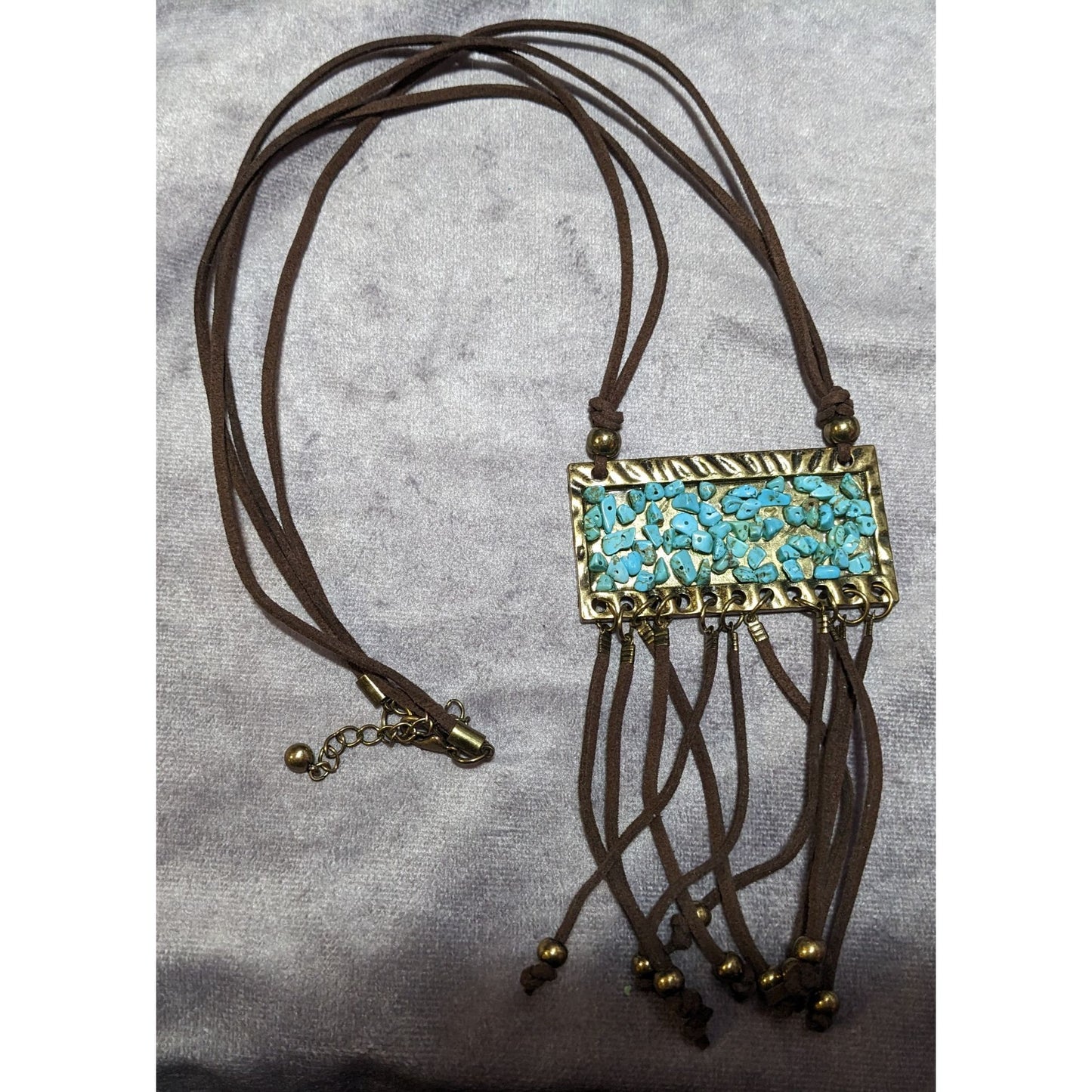 Southwestern Suede Turquoise Chip Fringe Pendant Necklace