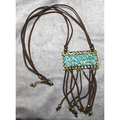 Southwestern Suede Turquoise Chip Fringe Pendant Necklace