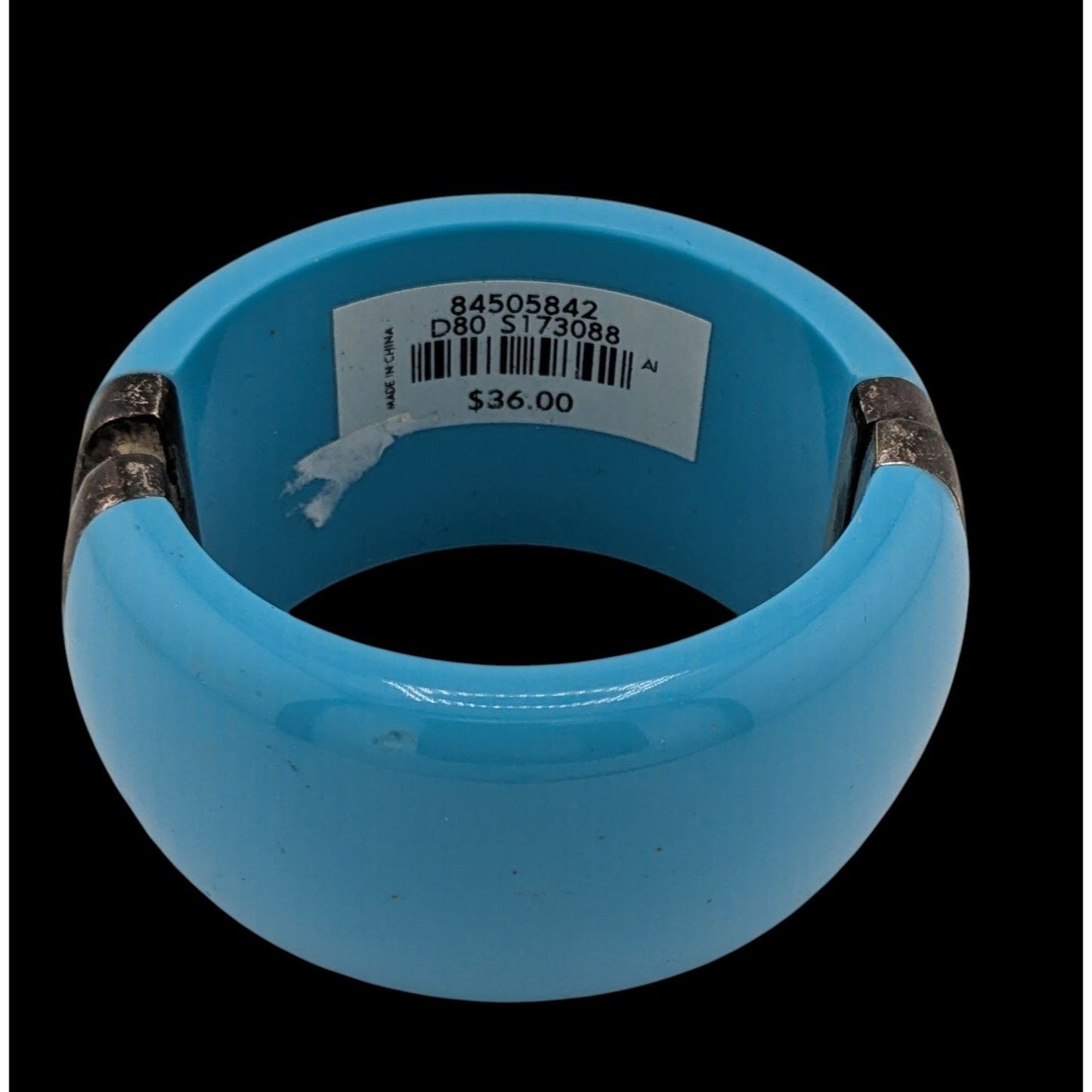 Blue Hinged Resin Bangle Bracelet With Antiqued Metal Accents