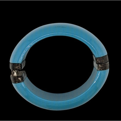 Blue Hinged Resin Bangle Bracelet With Antiqued Metal Accents