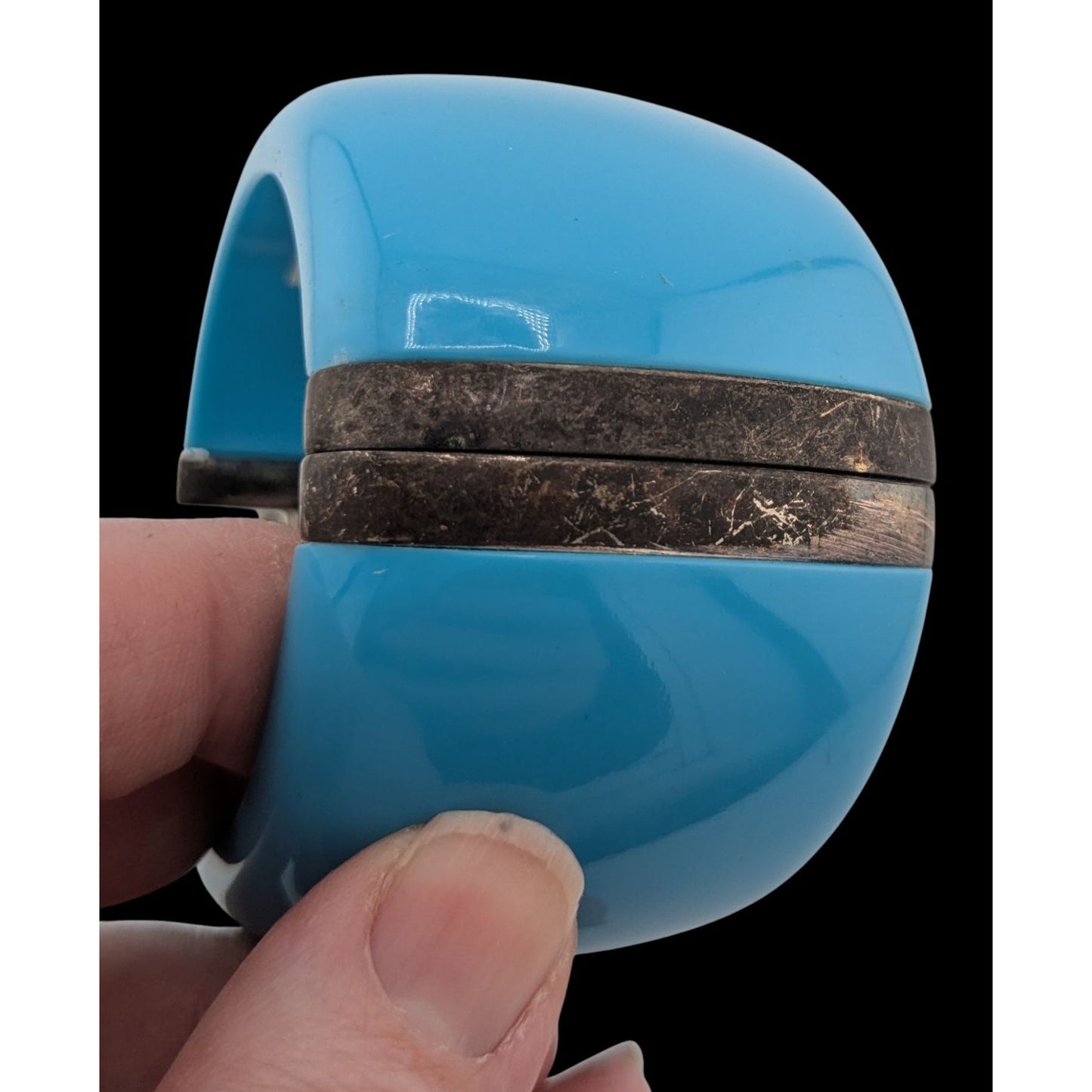 Blue Hinged Resin Bangle Bracelet With Antiqued Metal Accents